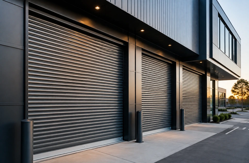 Commercial roller window shutters installed on a modern Melbourne business building.