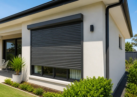 Residential security roller shutter covering a window on a modern home