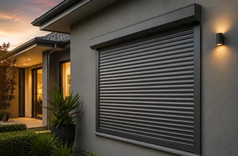 Residential security roller shutter protecting a modern home at dusk
