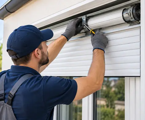 Experienced roller shutter technician repairing and adjusting the exposed metal roller tube and brackets of a white window roller shutter using professional tools at a residential home.